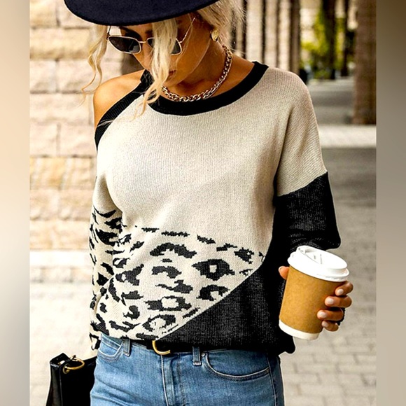 Adecentexposure Sweaters - Cozy Sweater | Color block cold shoulder animal print knit sweater-khaki/black